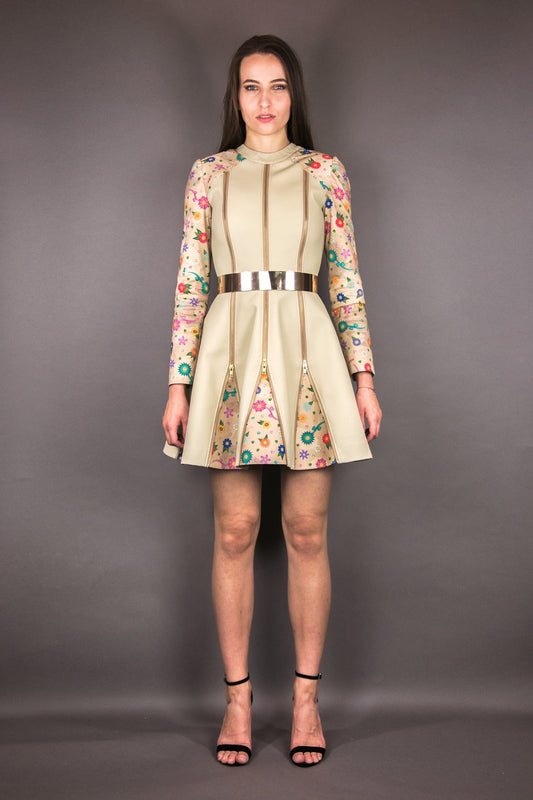 Biker Kleid mit Zipps und Godets "FLOWERS" - beige - Manuel Essl Design