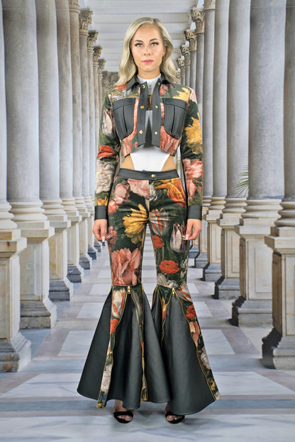 Hose aus Samt mit Zipps und Godets "FLORAL" - ONE SIZE