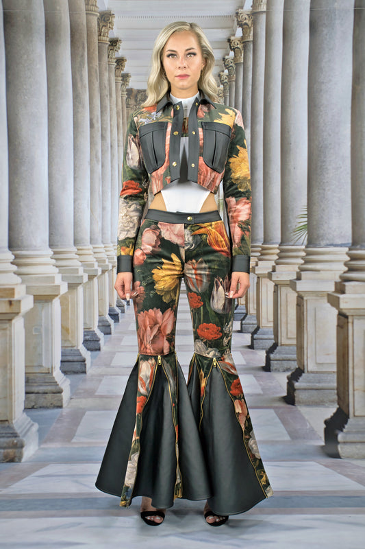 Hose aus Samt mit Zipps und Godets "FLORAL" - ONE SIZE