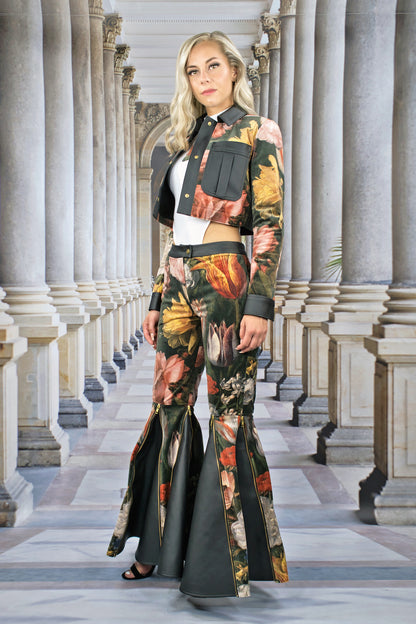 Hose aus Samt mit Zipps und Godets "FLORAL" - ONE SIZE