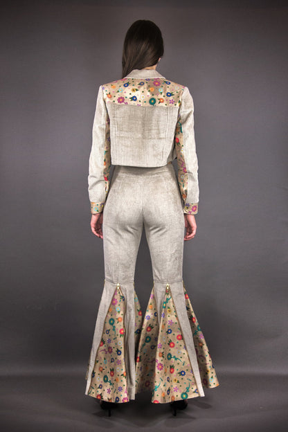 Hose aus Cord mit Zipps und Godets "FLOWERS" - beige - Manuel Essl Design